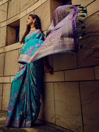 Odette Blue Handloom Woven Satin Saree For Women