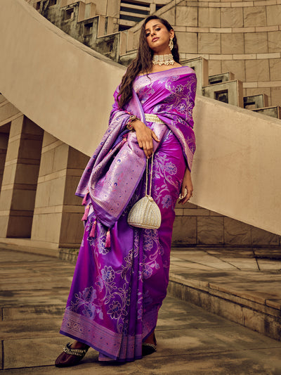 Odette Purple Handloom Woven Satin Saree For Women