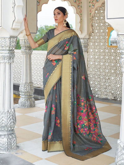 Odette Black Woven Linen Saree With Unstitched Blouse For Women