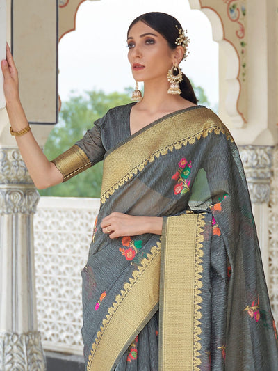 Odette Black Woven Linen Saree With Unstitched Blouse For Women