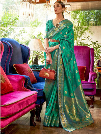 Odette Green Woven Design Silk Blend Saree With Unstitched Blouse For Women