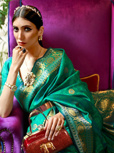 Odette Green Woven Design Silk Blend Saree With Unstitched Blouse For Women