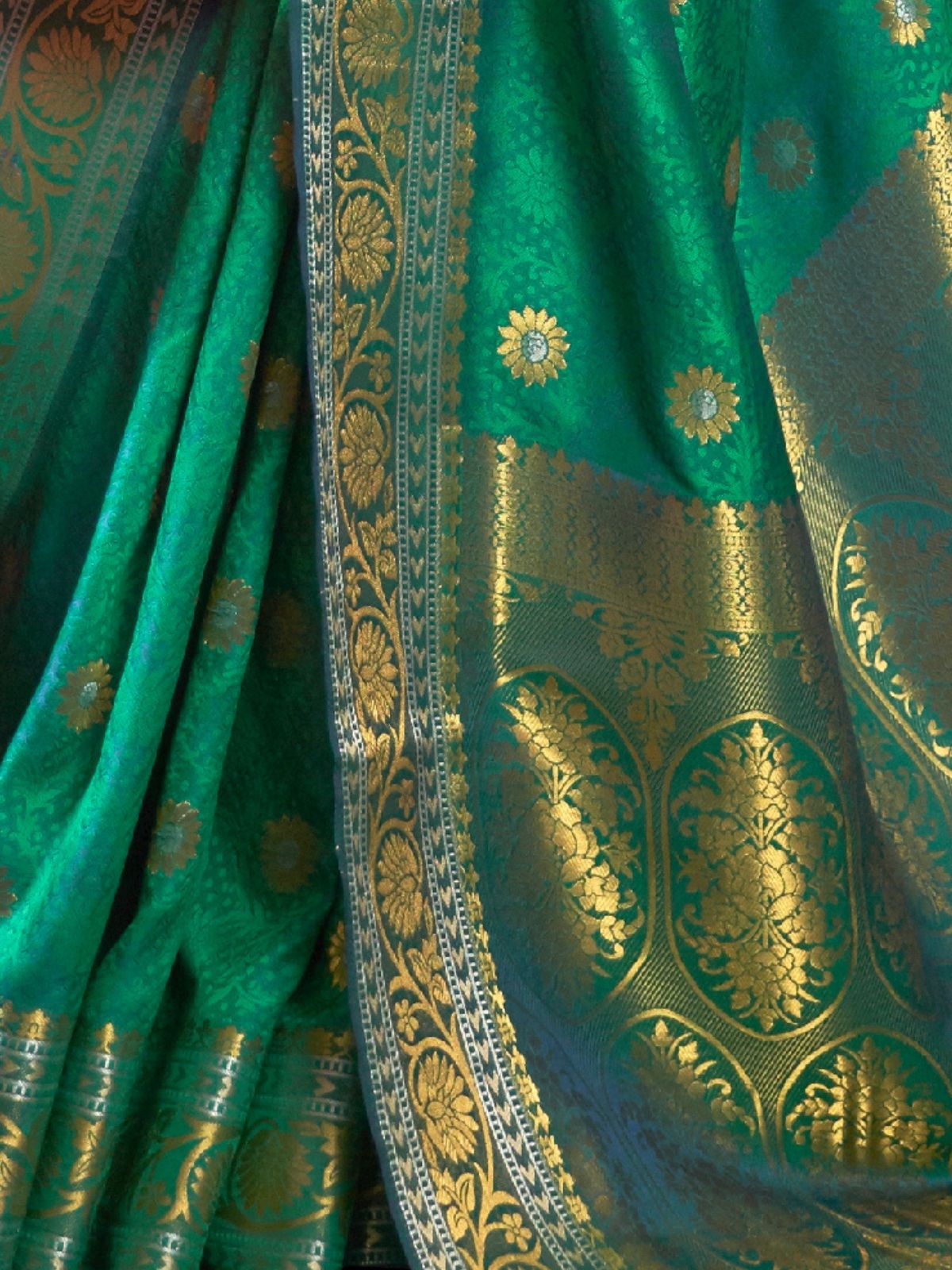 Odette Green Woven Design Silk Blend Saree With Unstitched Blouse For Women