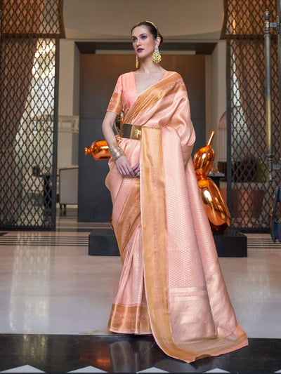 Odette Peach Woven Design Silk Blend Saree With Unstitched Blouse For Women