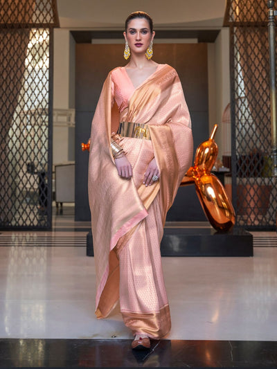 Odette Peach Woven Design Silk Blend Saree With Unstitched Blouse For Women