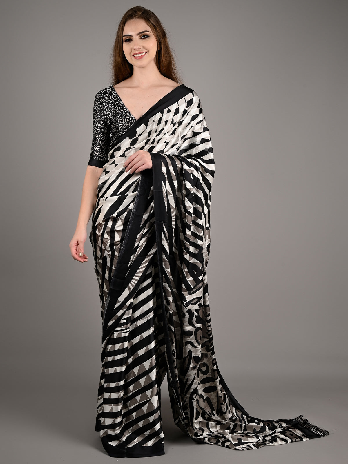 Black  Satin Crepe Digital Stripes Print Saree With Unstitched Blouse