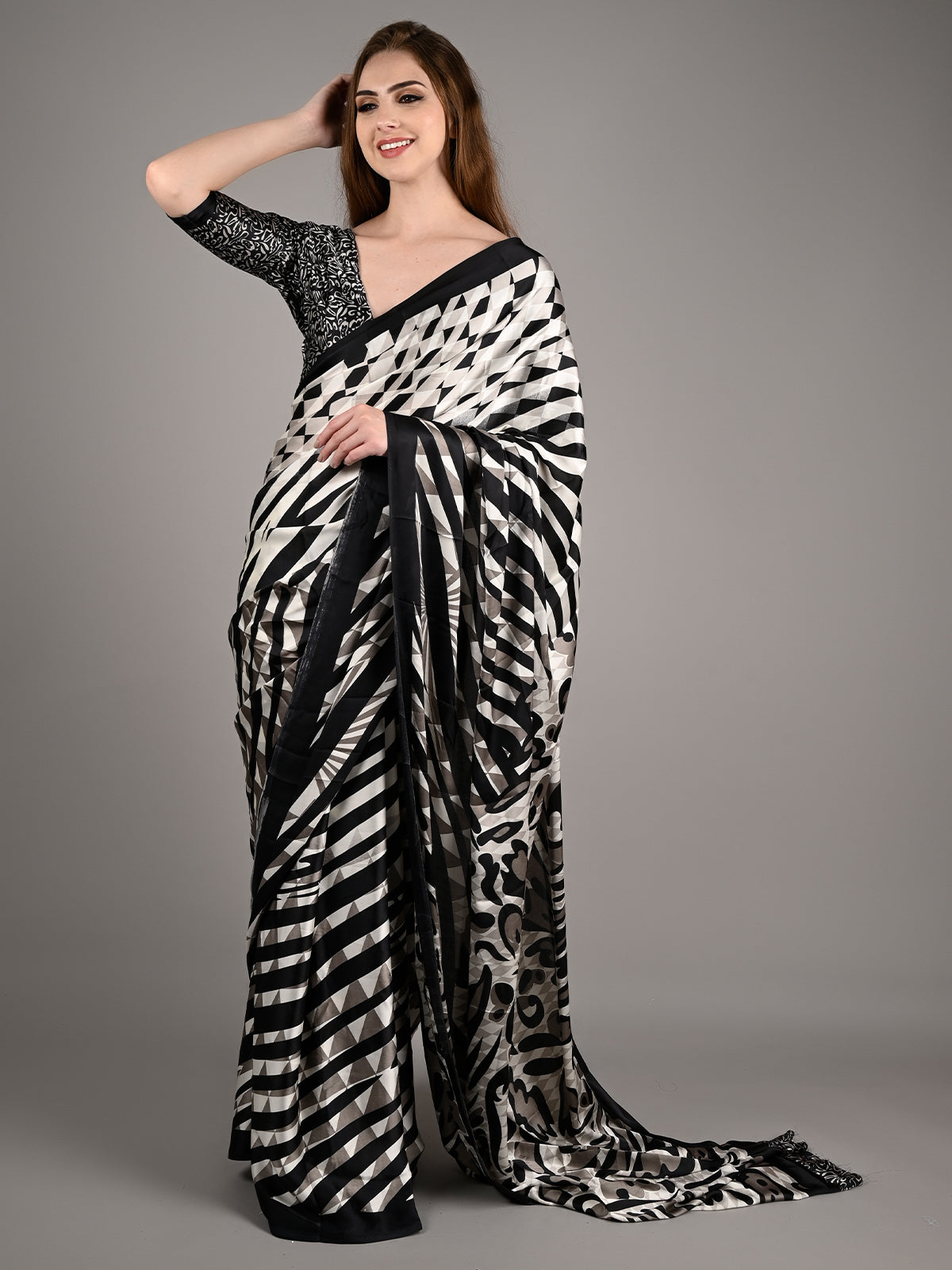 Black  Satin Crepe Digital Stripes Print Saree With Unstitched Blouse