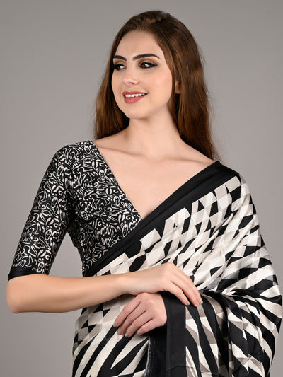 Black  Satin Crepe Digital Stripes Print Saree With Unstitched Blouse
