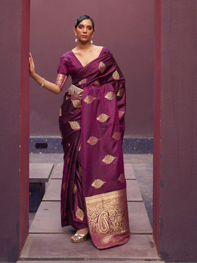 Odette Purple Woven Design Silk Blend Saree With Unstitched Blouse For Women