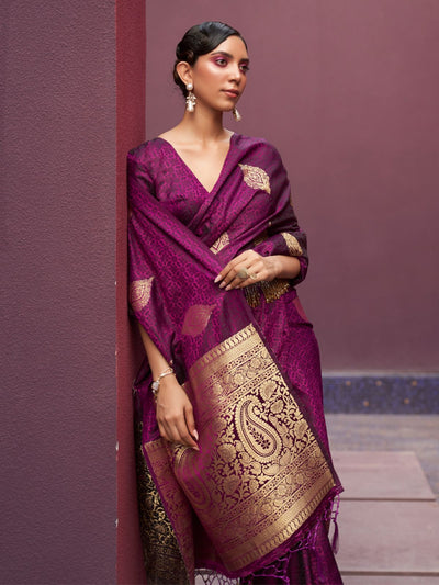 Odette Purple Woven Design Silk Blend Saree With Unstitched Blouse For Women