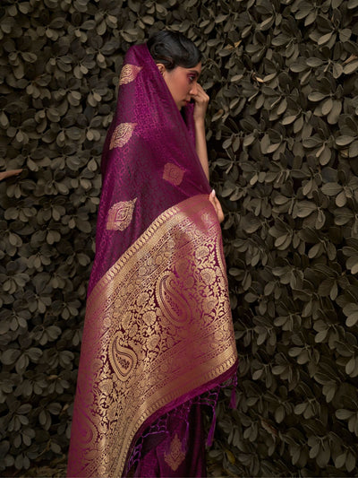 Odette Purple Woven Design Silk Blend Saree With Unstitched Blouse For Women