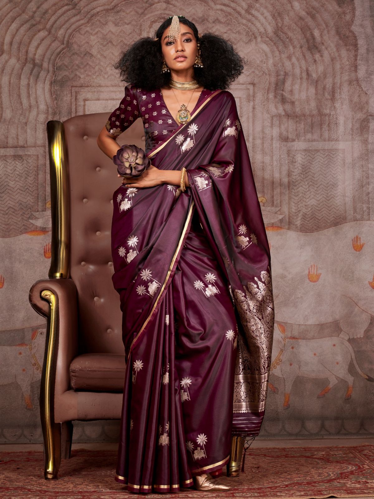 Odette Wine Satin Woven Saree With Unstitched Blouse For Women