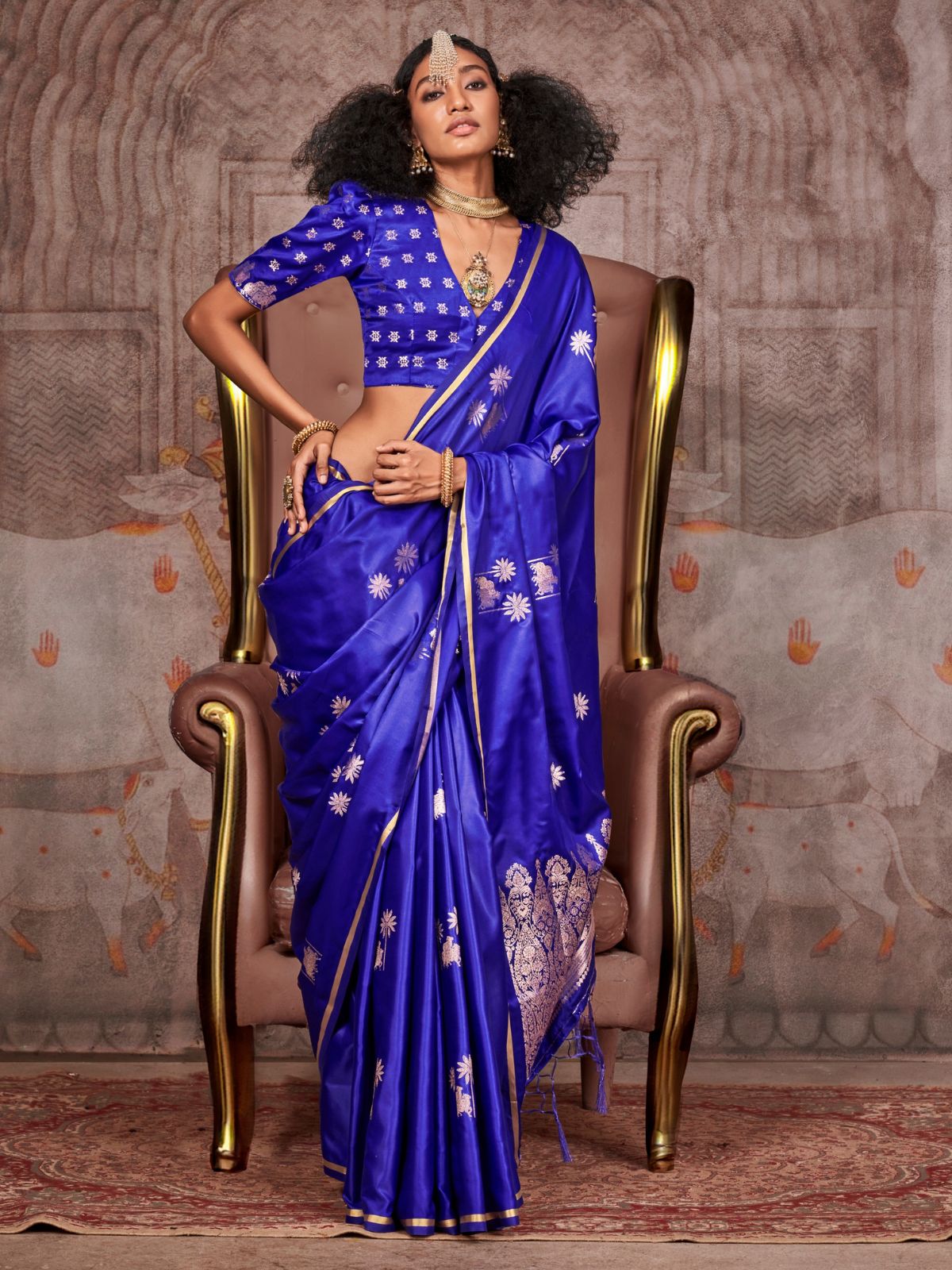 Odette Blue Satin Woven Saree With Unstitched Blouse For Women