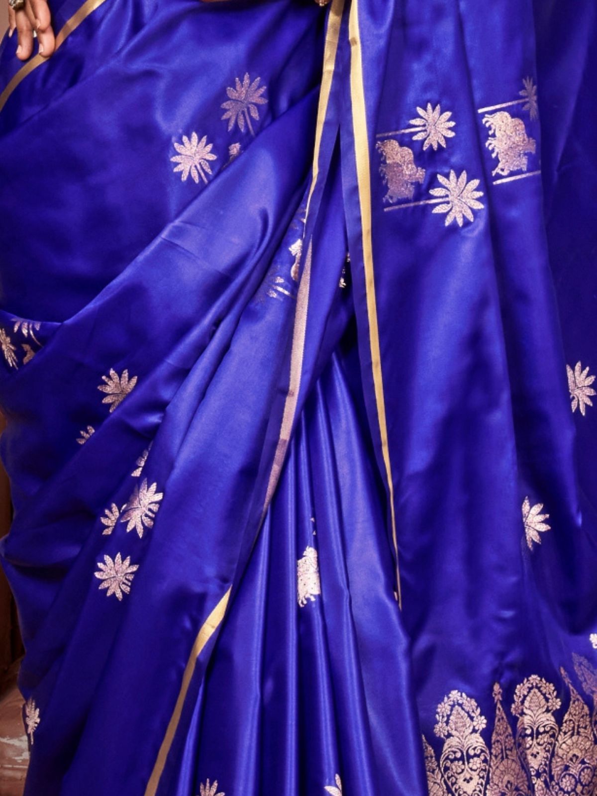 Odette Blue Satin Woven Saree With Unstitched Blouse for Women