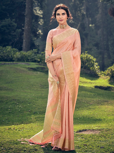 Odette Peach Linen Tissue Saree for Women With Unstitched Blouse