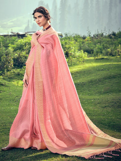 Odette Pink Linen Tissue Saree for Women With Unstitched Blouse
