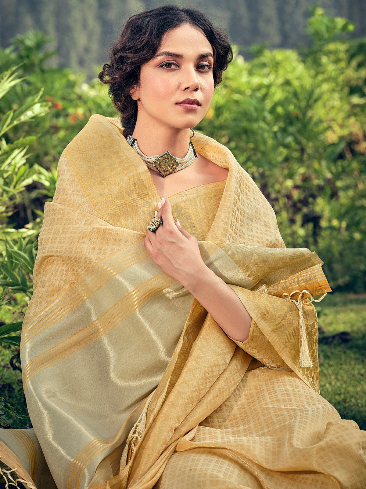Odette Yellow Linen Tissue Saree for Women With Unstitched Blouse