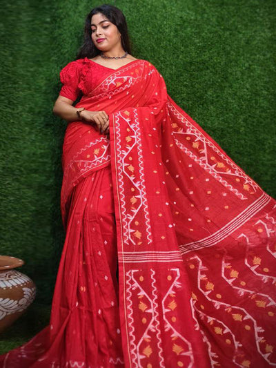 Odette Red Cotton Jamdani Saree  With Unstitched Blouse for Women