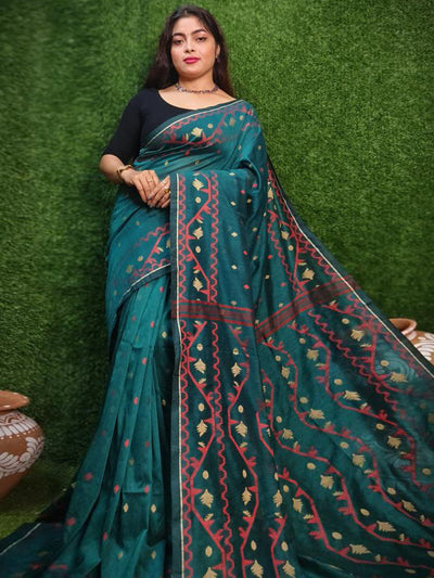 Odette Teal Cotton Jamdani Saree  With Unstitched Blouse for Women