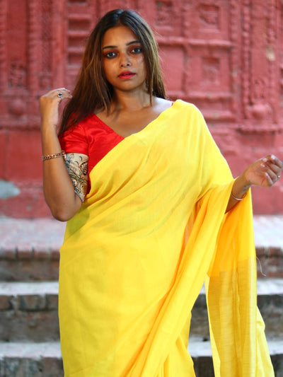 Odette Yellow Cotton  Saree  With Unstitched Blouse for Women