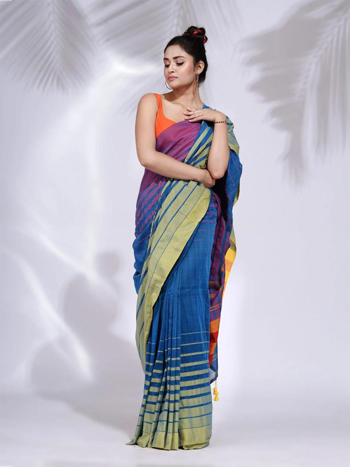Odette Blue Cotton Saree With Unstitched Blouse For Women