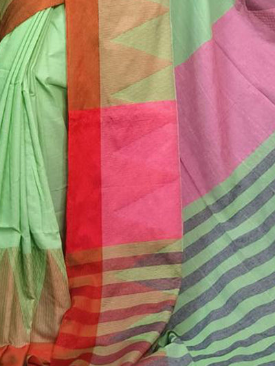 Odette Light Green Cotton Saree With Unstitched Blouse For Women