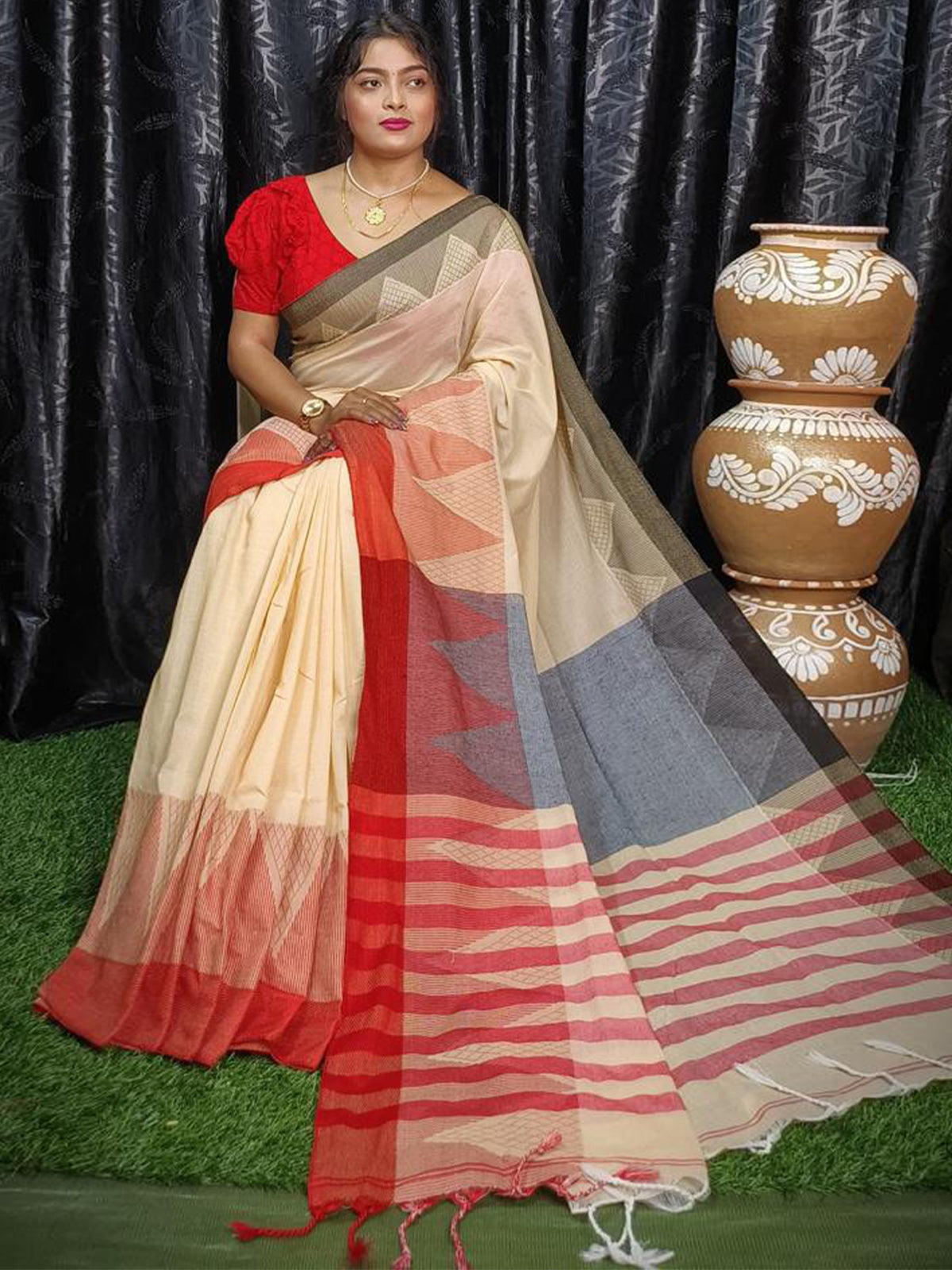 Odette Beige Saree With Unstitched Blouse For Women