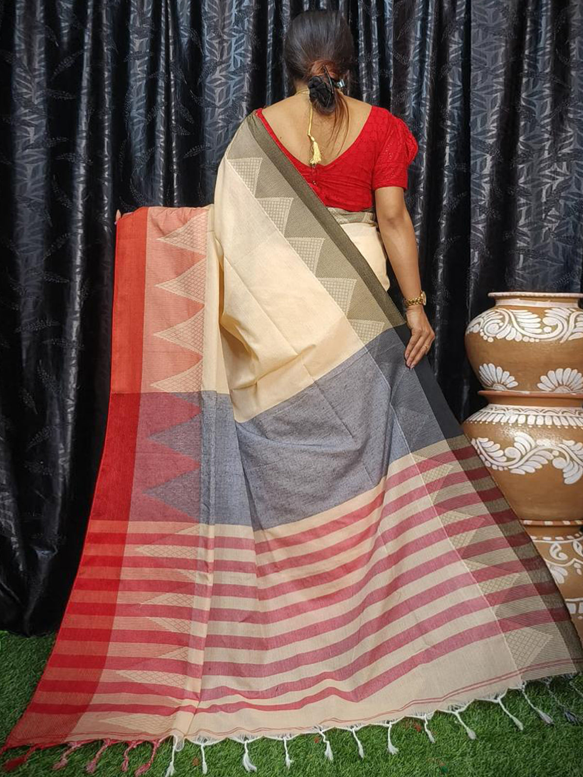 Odette Beige Saree With Unstitched Blouse For Women
