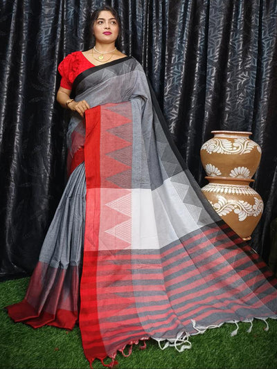 Odette Grey Cotton Saree With Unstitched Blouse For Women