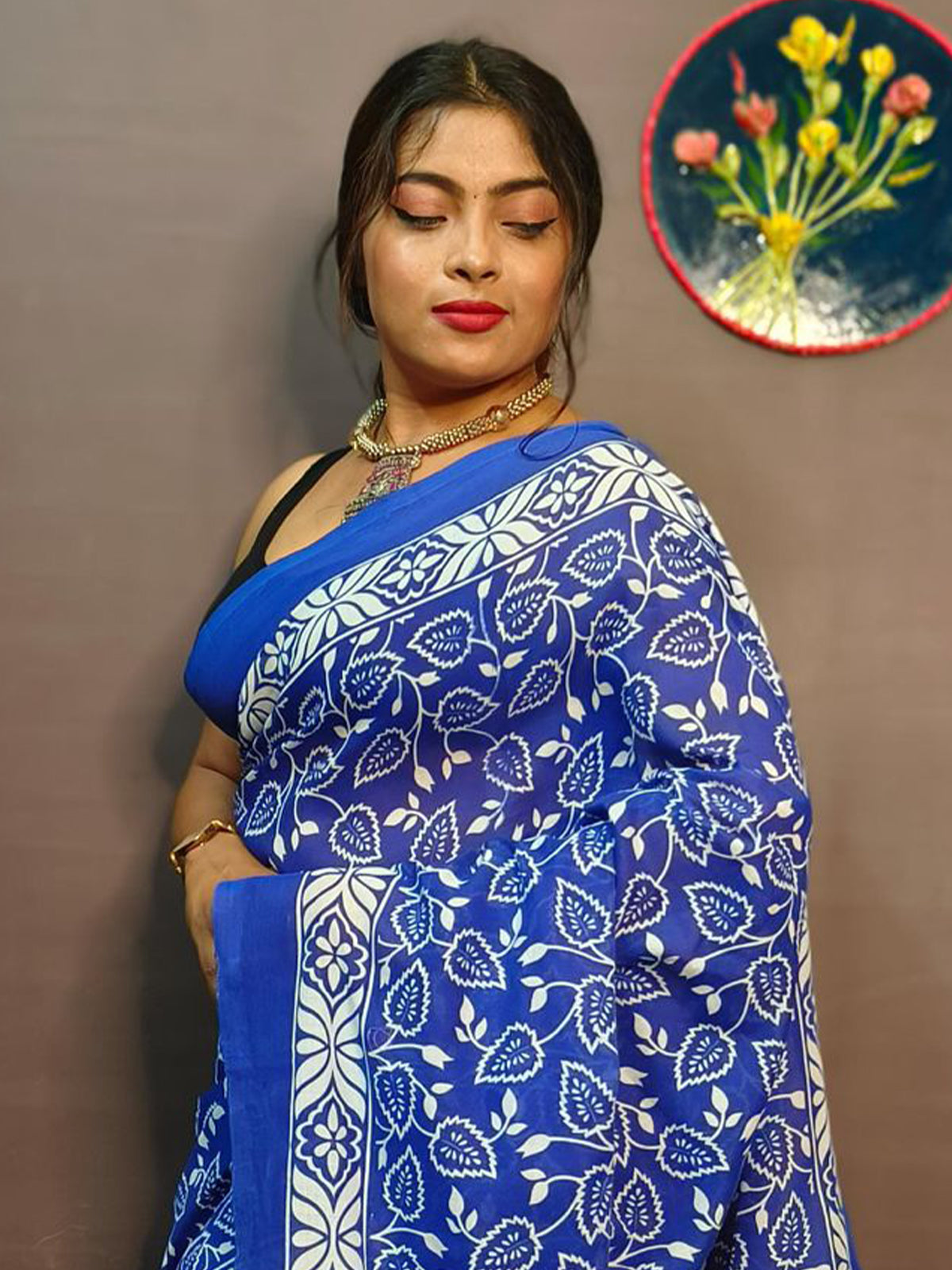 Odette Blue Cotton Printed Saree With Unstitched Blouse For Women