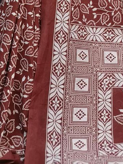 Odette Brown Cotton Printed Saree With Unstitched Blouse For Women