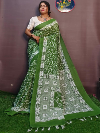 Odette Green Cotton Printed Saree With Unstitched Blouse For Women