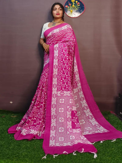 Odette Magenta Cotton Printed Saree With Unstitched Blouse For Women