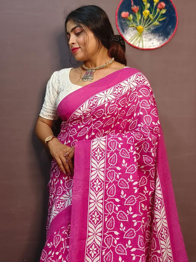 Odette Magenta Cotton Printed Saree With Unstitched Blouse For Women