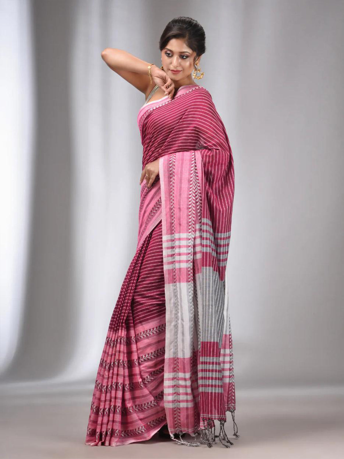 Odette Dark Pink Cotton Saree With Unstitched Blouse For Women