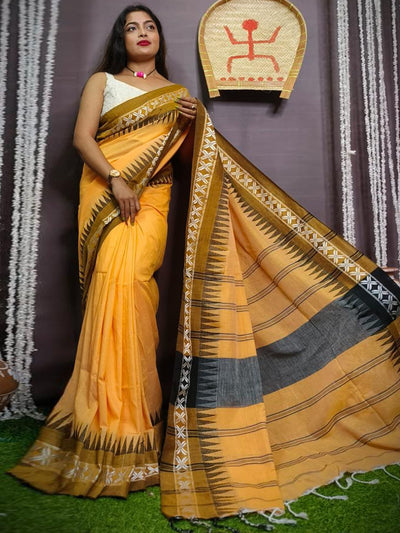 Odette Yellow Cotton Saree With Unstitched Blouse For Women