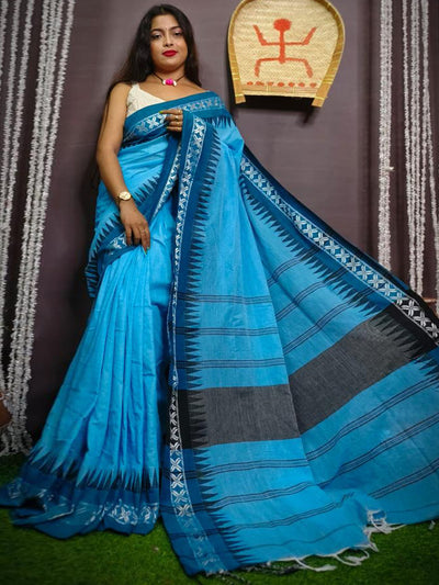 Odette Blue Cotton Saree With Unstitched Blouse For Women