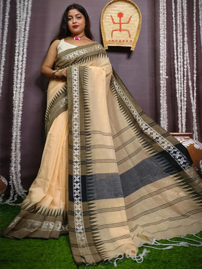Odette Beige Cotton Saree With Unstitched Blouse For Women