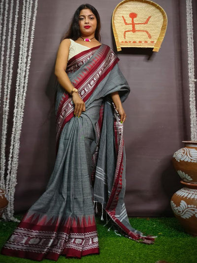 Odette Grey Cotton Saree With Unstitched Blouse For Women