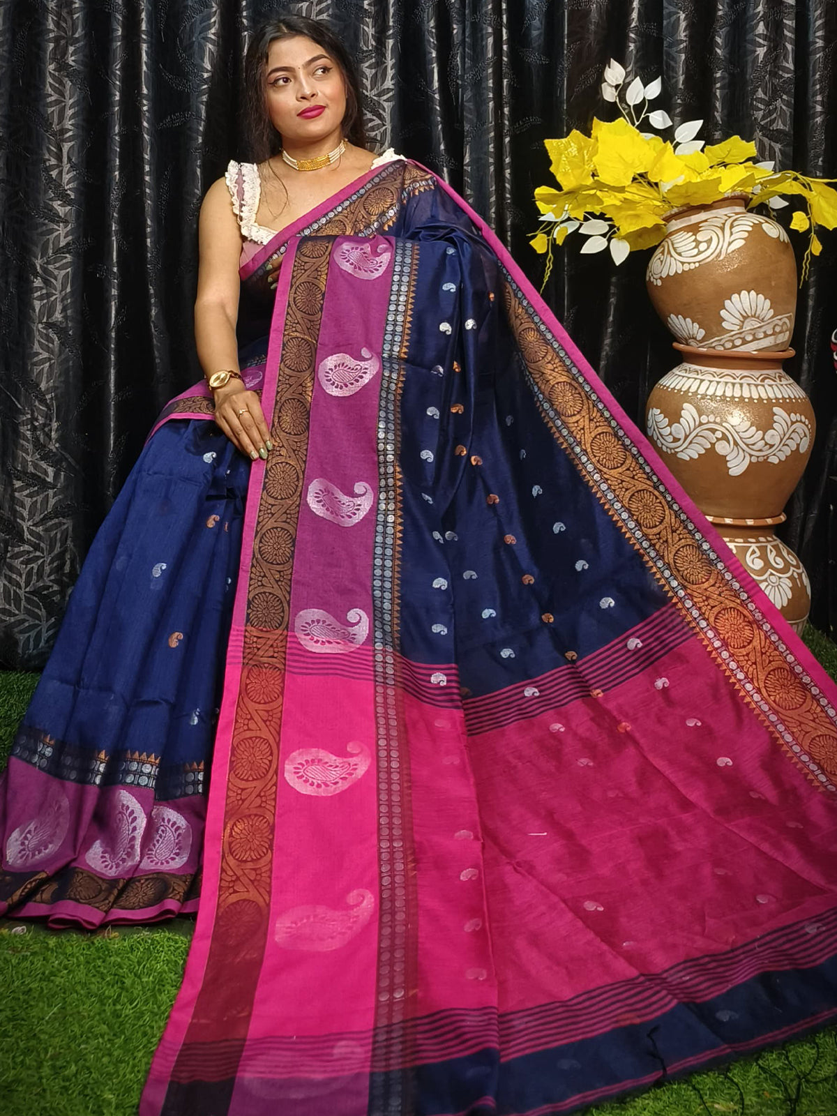 Odette Navy Blue Silk Blend Saree with Unstitched Blouse For Women
