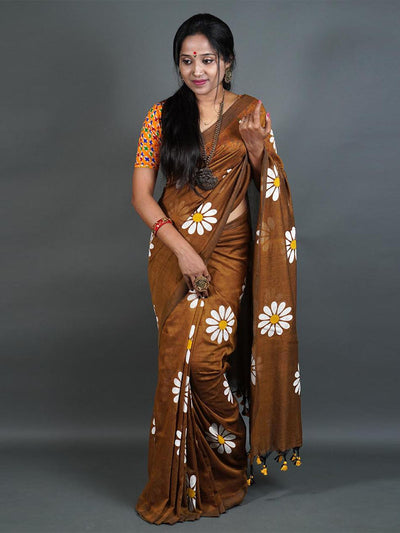 Odette Brown Printed Cotton Saree With Unstitched Blouse For Women