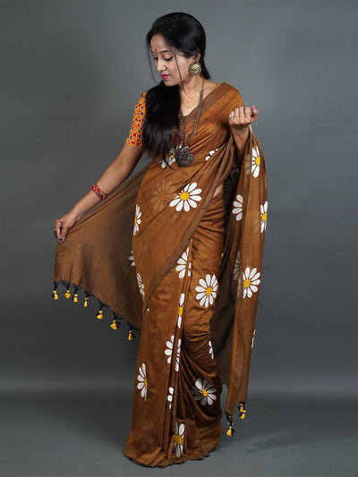 Odette Brown Printed Cotton Saree With Unstitched Blouse For Women