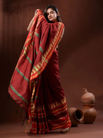 Odette Maroon Temple Border Cotton Blend Saree  With Unstitched Blouse for Women