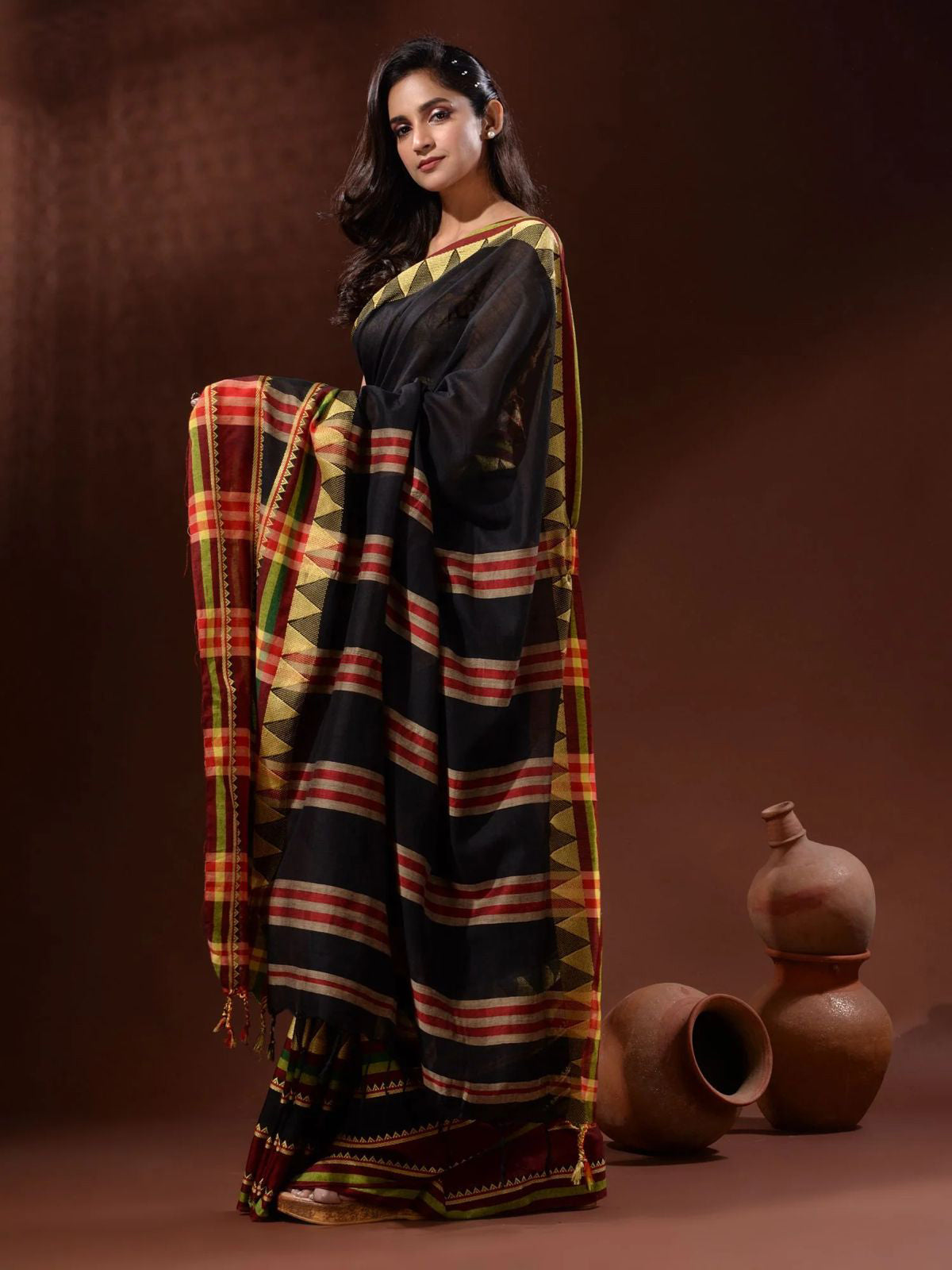 Odette Black Temple Border Cotton Blend Saree With Unstitched Blouse for Women