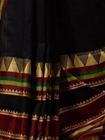 Odette Black Temple Border Cotton Blend Saree With Unstitched Blouse for Women