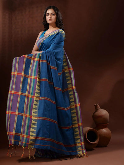 Odette Blue Temple Border Cotton Blend Saree  With Unstitched Blouse for Women
