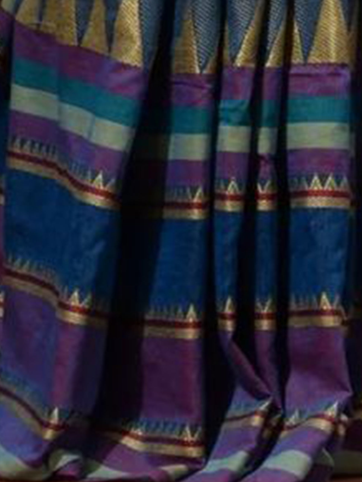 Odette Blue Temple Border Cotton Blend Saree  With Unstitched Blouse for Women