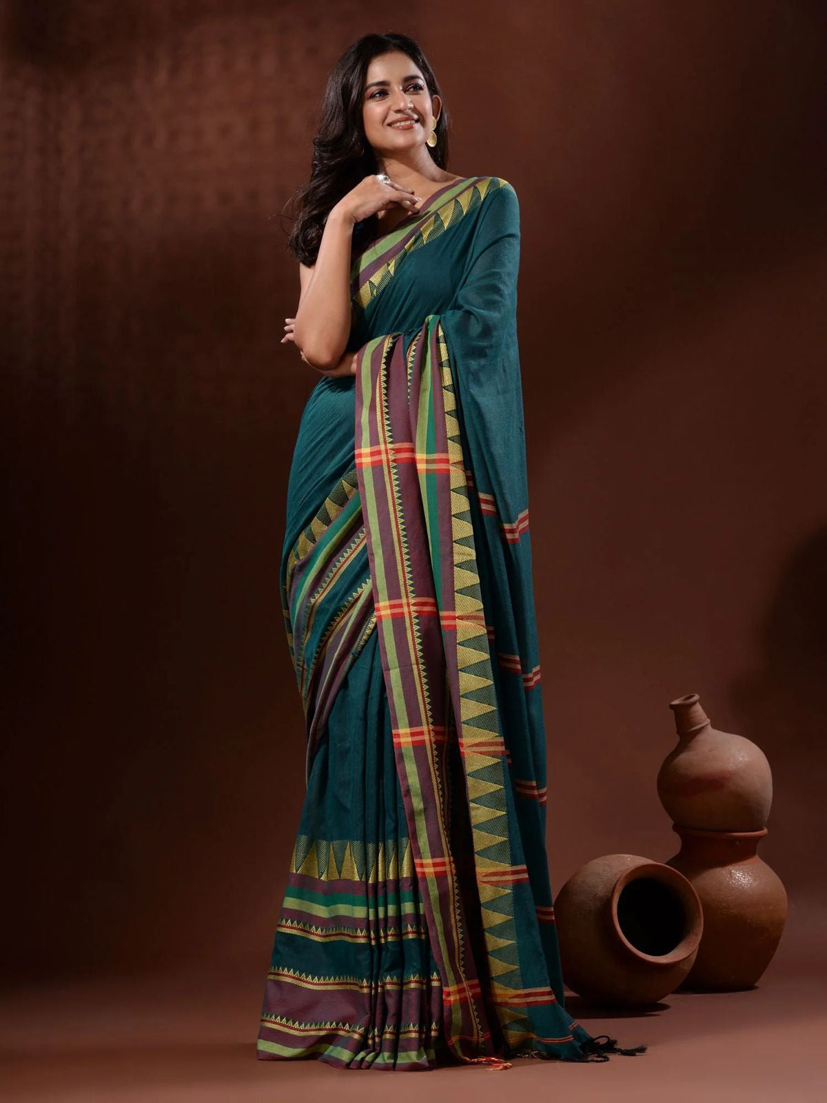 Odette Teal Temple Border Cotton Blend Saree  With Unstitched Blouse for Women