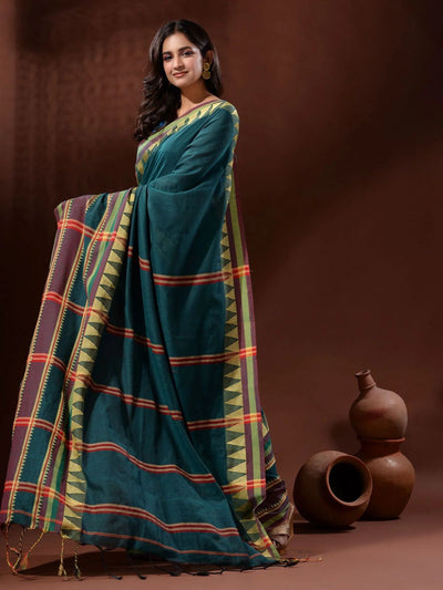 Odette Teal Temple Border Cotton Blend Saree  With Unstitched Blouse for Women