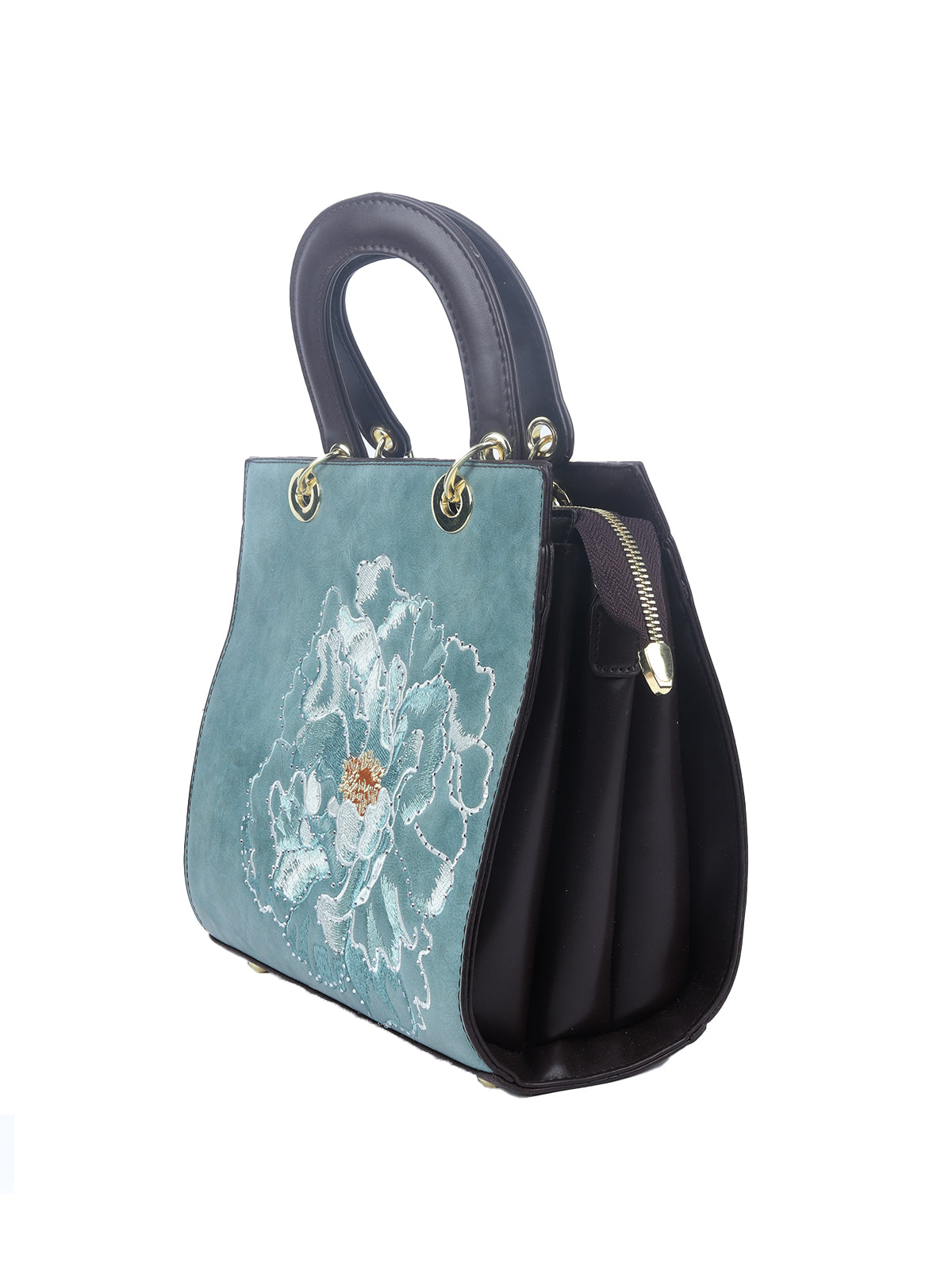 Odette Teal PU Embroidered Hand Bag For Women